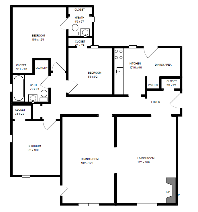 Floor plan for 3 beds, 1.5 baths, 982 sqft