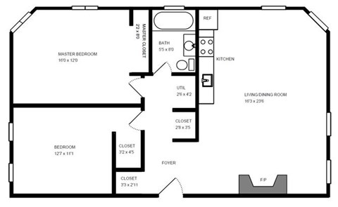 Floor plan for 2 beds, 1 bath, 819 sqft