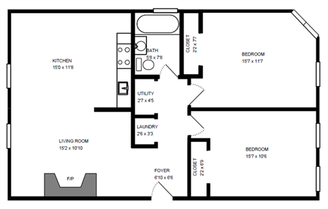 Floor plan for 2 beds, 1 bath, 819 sqft