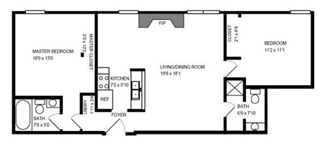 Floor plan for 2 beds, 2 baths, 745 sqft