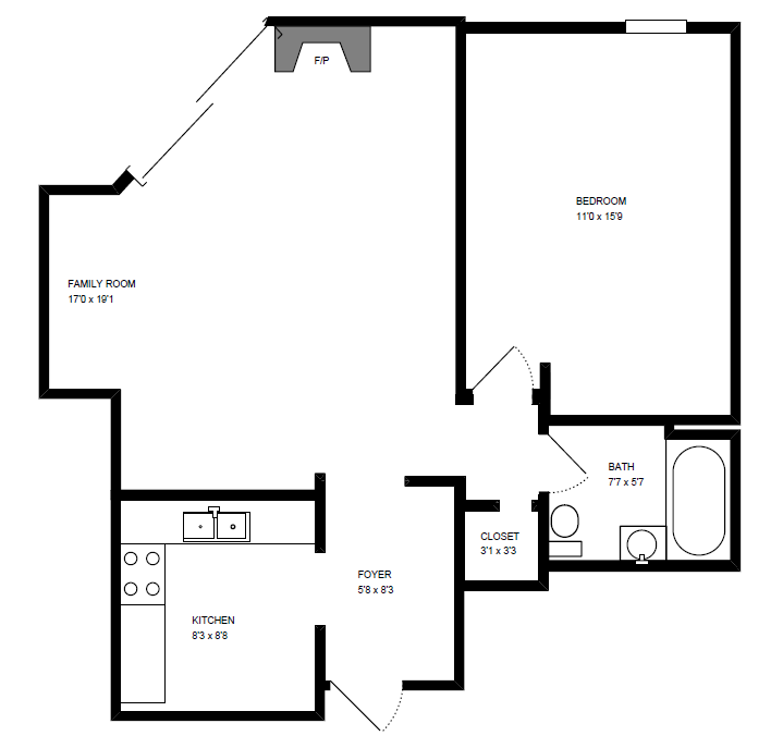 Floor plan for 1 bed, 1 bath, 623 sqft