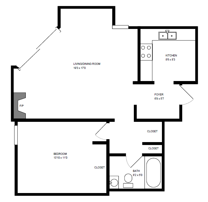 Floor plan for 1 bed, 1 bath, 612 sqft