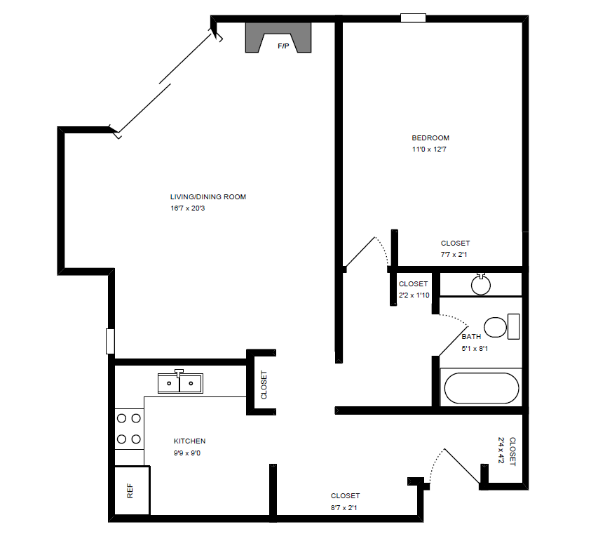 Floor plan for 1 bed, 1 bath, 707 sqft