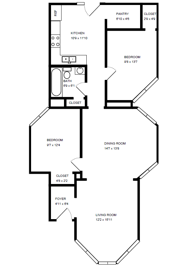 Floor plan for 2 beds, 1 bath, 893 sqft