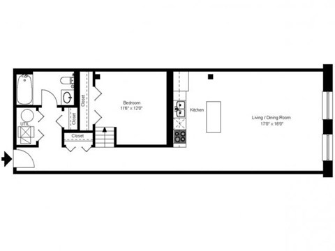 Floor plan for 1 bed, 1 bath, 907 sqft