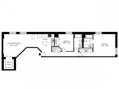 Floor plan for 2 beds, 2 baths, 1292 sqft