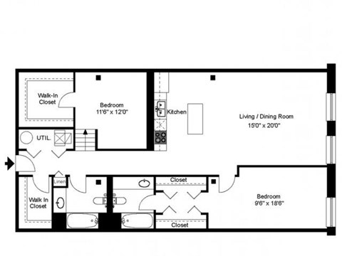 Floor plan for 2 beds, 2 baths, 1170 sqft