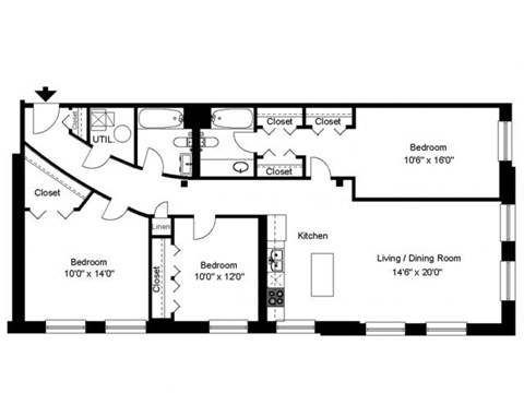 Floor plan for 3 beds, 2 baths, 1490 sqft