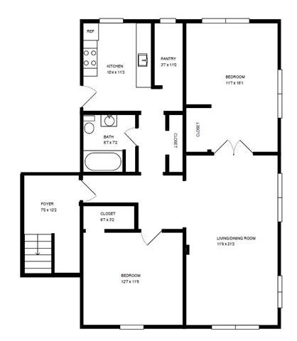 Floor plan for 2 beds, 1 bath, 1040 sqft