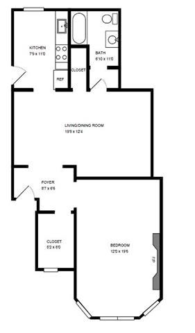 Floor plan for 1 bed, 1 bath, 800 sqft