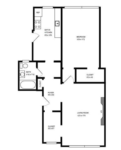 Floor plan for 1 bed, 1 bath, 800 sqft