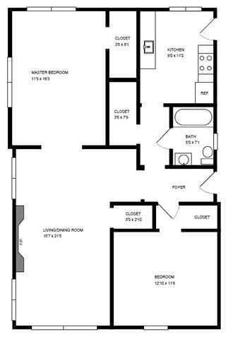 Floor plan for 2 beds, 1 bath, 900 sqft