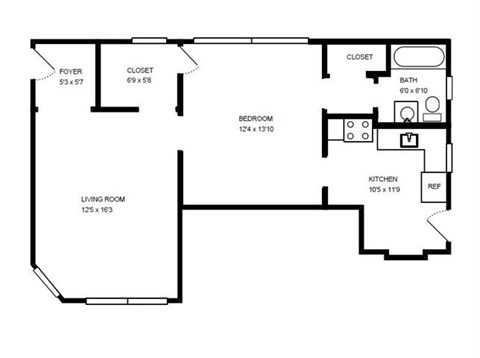 Floor plan for 1 bed, 1 bath, 800 sqft