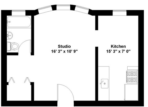 Floor plan for studio, 1 bath, 500 sqft