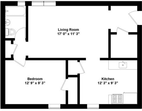 Floor plan for 1 bed, 1 bath, 700 sqft