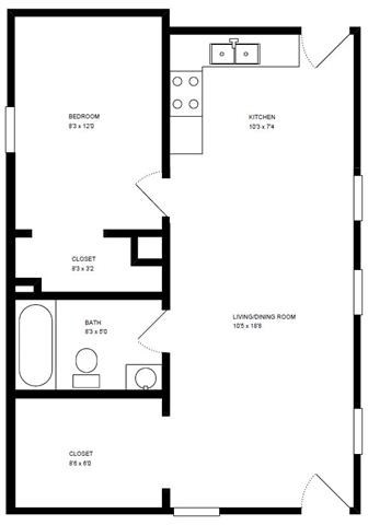 Floor plan for 1 bed, 1 bath, 700 sqft