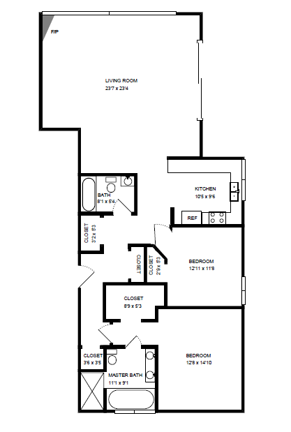 Floor plan for 2 beds, 2 baths, 1327 sqft