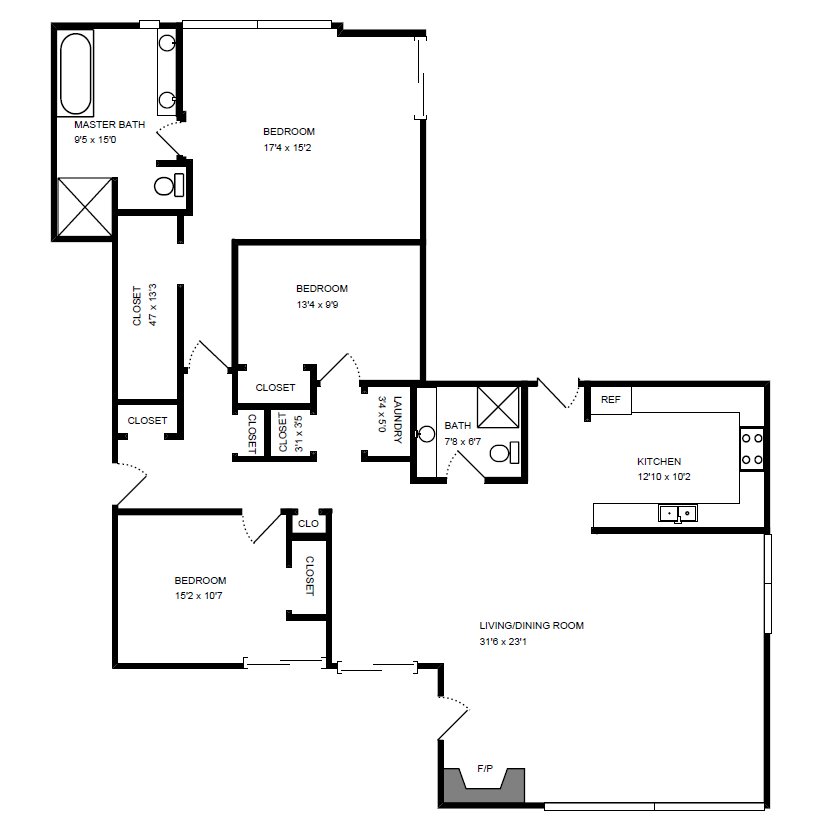 Floor plan for 3 beds, 2 baths, 1768 sqft