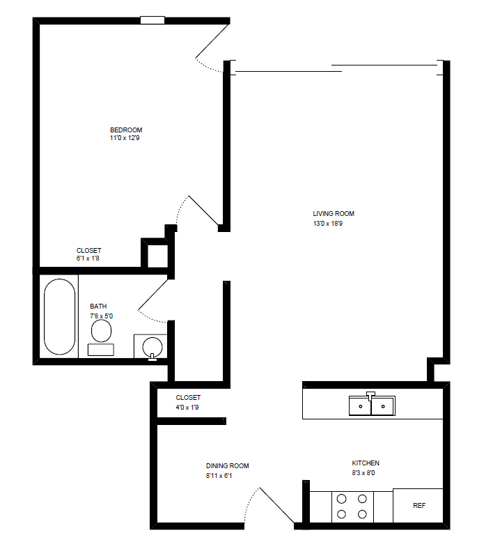 Floor plan for 1 bed, 1 bath, 588 sqft