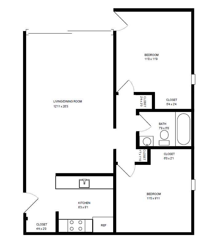 Floor plan for 2 beds, 1 bath, 708 sqft