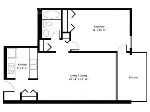 Floor plan for 1 bed, 1 bath, 506 sqft