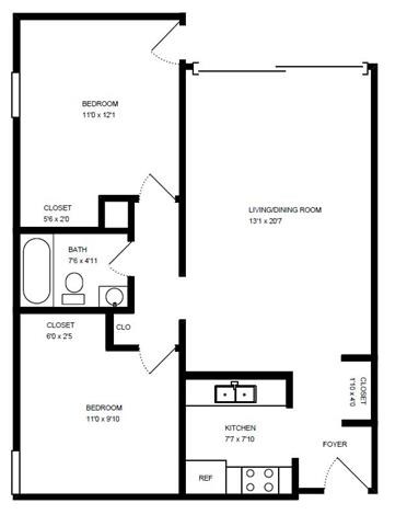 Floor plan for 2 beds, 1 bath, 706 sqft