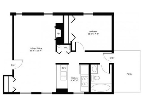 Floor plan for 1 bed, 1 bath, 876 sqft