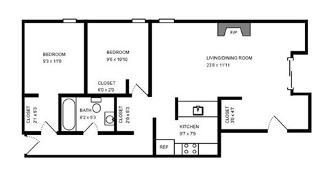 Floor plan for 2 beds, 1 bath, 1100 sqft
