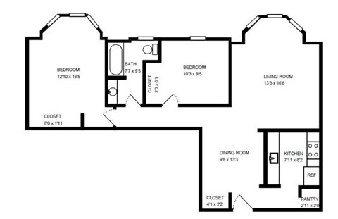 Floor plan for 2 beds, 1 bath, 816 sqft