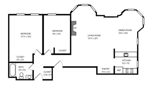 Floor plan for 2 beds, 1 bath, 853 sqft