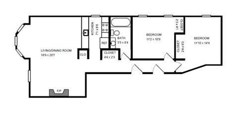 Floor plan for 2 beds, 1 bath, 853 sqft