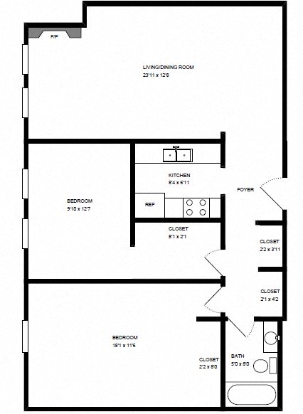 Floor plan for 2 beds, 1 bath, 900 sqft