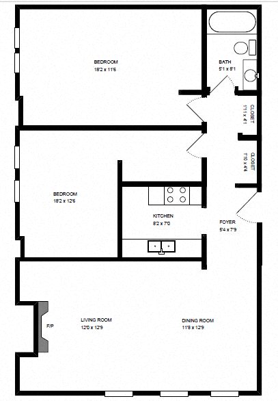Floor plan for 2 beds, 1 bath, 900 sqft