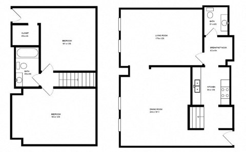 Floor plan for 2 beds, 1.5 baths, 1100 sqft