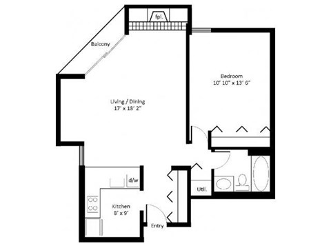 Floor plan for 1 bed, 1 bath, 800 sqft