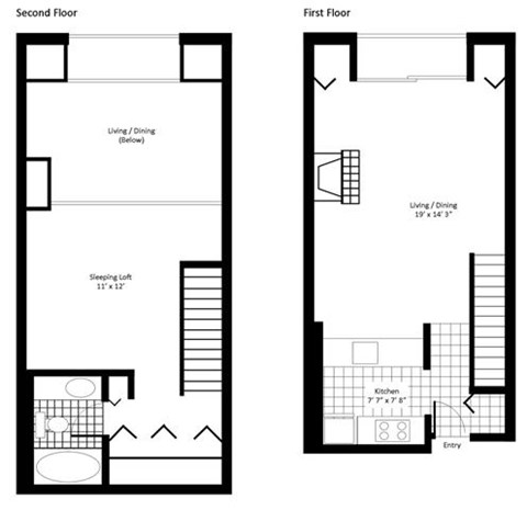 Floor plan for 1 bed, 1 bath, 729 sqft
