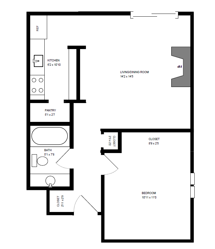 Floor plan for 1 bed, 1 bath, 700 sqft