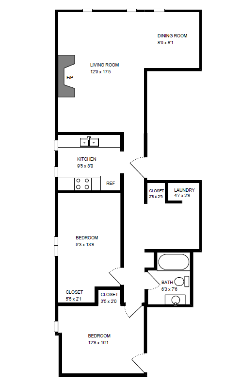 Floor plan for 2 beds, 1 bath, 1000 sqft