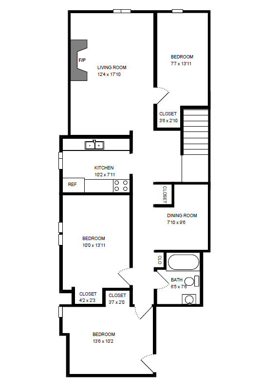 Floor plan for 3 beds, 1 bath, 1050 sqft