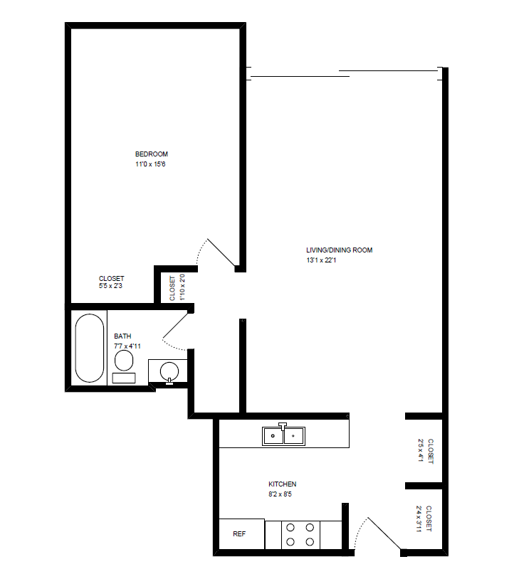 Floor plan for 1 bed, 1 bath, 657 sqft