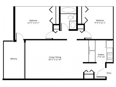 Floor plan for 2 beds, 1 bath, 850 sqft
