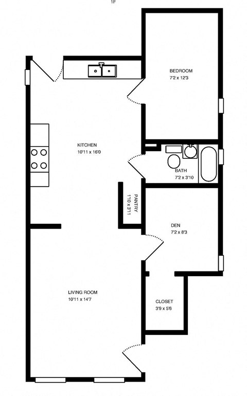 Floor plan for 1 bed, 1 bath, 700 sqft