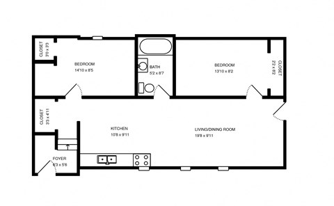 Floor plan for 2 beds, 1 bath, 800 sqft