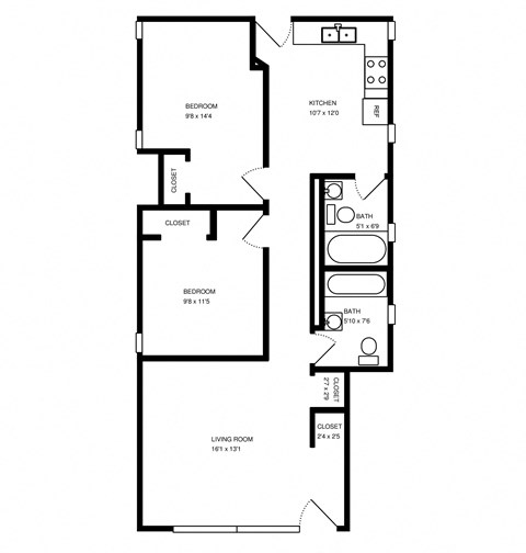 Floor plan for 2 beds, 2 baths
