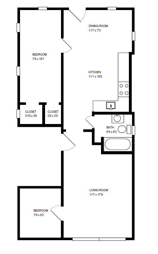 Floor plan for 1 bed, 1 bath, 700 sqft