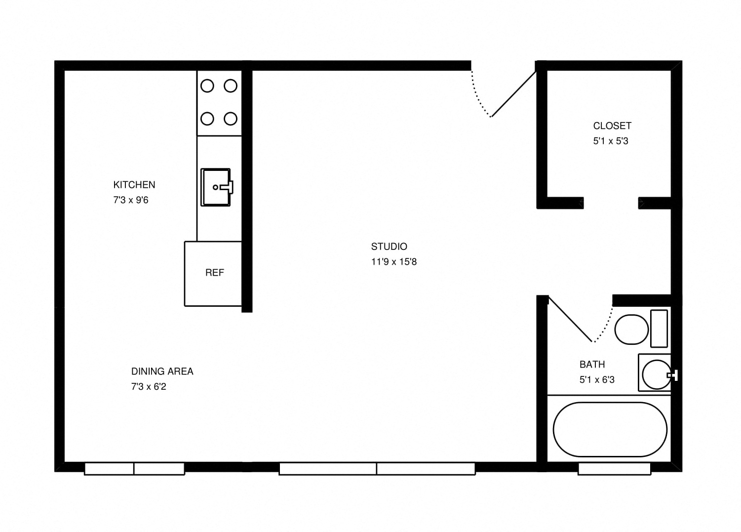 Floor plan for studio, 1 bath, 377 sqft