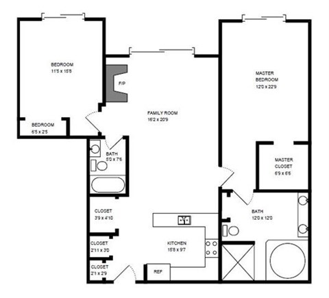 Floor plan for 2 beds, 2 baths, 1347 sqft