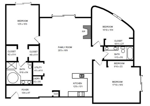 Floor plan for 3 beds, 2 baths, 1479 sqft