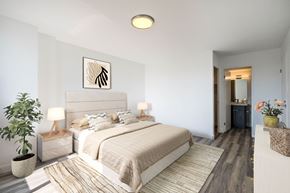Hamilton apartment for rent - A bedroom with a large bed and a plant on the side table.
