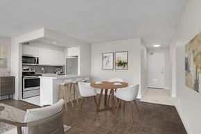 Hamilton apartment for rent - A modern kitchen with a dining table and chairs.